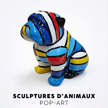 Sculpture de bouledogue assis aux rayures multicolores. Texte : SCULPTURES D'ANIMAUX POP-ART